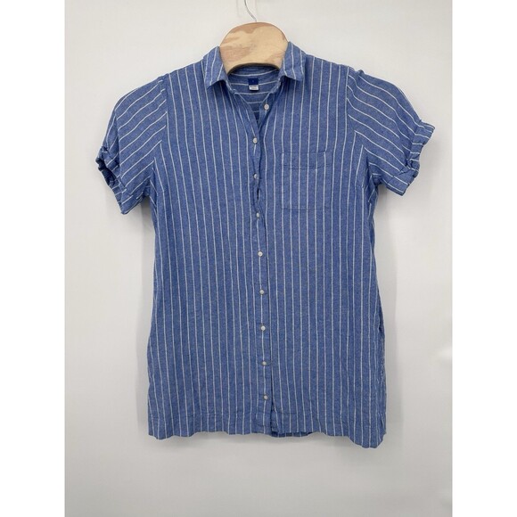 Old Navy Striped Shirt Dress L  Linen Blend Short Sleeve Button Front pockets - Picture 1 of 10